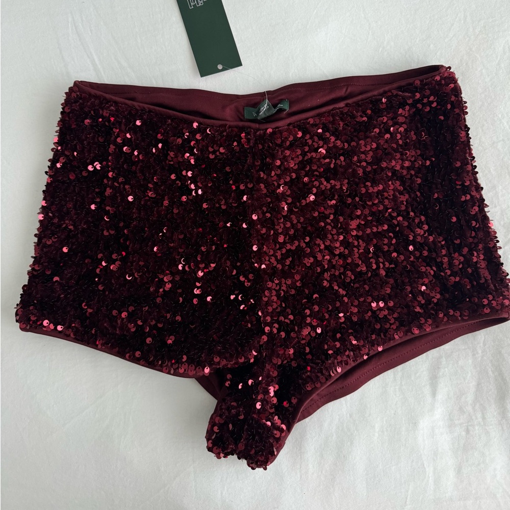 Burgundy Sequin Mini Shorts